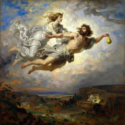vintage beautiful painting of Judas flying in the sky giving Jesus as he is flying a pear in Mary Cassatt style