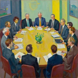 bright oil on masonite painting by aaron douglas of a psychedelic conference of scientists / professors / researchers, high detail