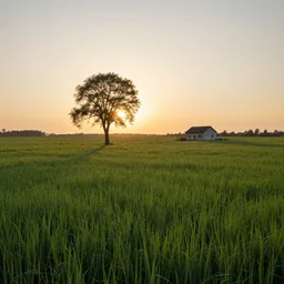 “ filed of green grass with a single tree and a single house on it with the sun setting in the background”