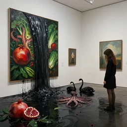 painting of a flooded art gallery and a tall emo girl, art gallery interior, a waterfall of black liquid coming from a painting and flooding the gallery, pomegranates, green vegetables,, octopus, zen, black swans, berries, 2 0 mm lens, surrealist, by magritte and monet
