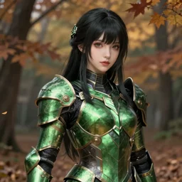 hyperdetailed portrait of beautiful green - armored girl dark autumn. digital painting, sharp foccus ilustration, artstation hq. intricate, elegant. wlop, greg rutkowski, alphonse mucha,. dan mumford. marat zakirov. helen ilnytska. sci fi incredible background by repin. full height. decollage. assemblange. cgsociety. impressionism