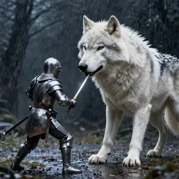 a large white wolf fighting a knight, artstation, jakub rozalski, high detail, dramatic lighting, night, rain