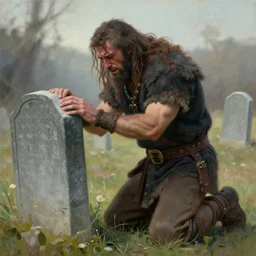 Fierce male barbarian kneeling down and crying at his lover's gravestone, sad, pastel painting, realistic, emotional, loneliness, despair, knees on the ground!, trending on artstation, 16K HD