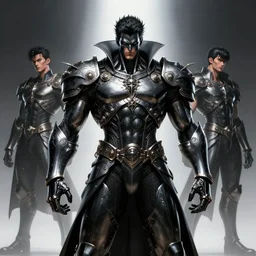 Hajime Sorayama designed Metallic  black man vampire cyborg powerful and muscular male , ornate armour, , Darek Zabrocki, Karlkka, Jayison Devadas, Phuoc Quan, trending on Artstation, 8K, ultra wide angle, pincushion lens effect