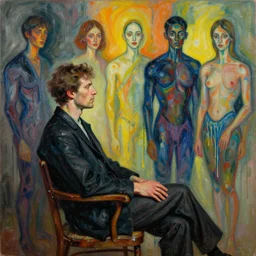 portrait of a painter sitting in a chair contemplating, art by james jean and luc tuymans and vincent lefevre and hernan bas and pat steir and hilma af klint, psychological, dripping paint, high quality render, cg society contest winner, retrofuturism, masterpiece