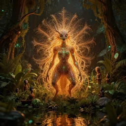 creature in a lush trunda vegetation, water reflection, night, backlit, warm tones, bioluminescent : : by michal karcz, daniel merriam, victo ngai and guillermo del toro : : ornate, dynamic, particulate, intricate, elegant, highly detailed, centered, artstation, smooth, sharp focus, octane render, 3 d
