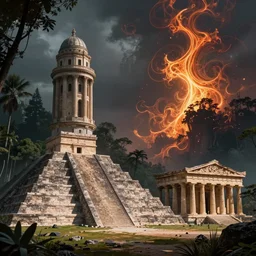 a neoclassical tower with dome on a magical gloomy mystical forest, next to a beatiful aztec pyramid and a ancient greek temple. by frank lloyd wright, wlop, futuristic, fractal flame