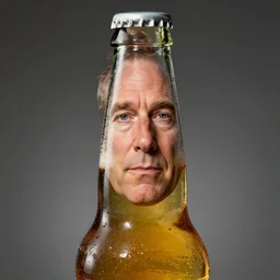 stephen colbert face inside a clear beer bottle, 8 k, ultra realistic details