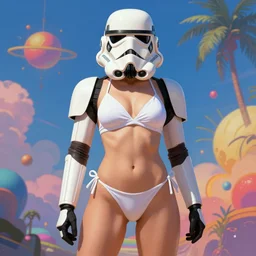 a sexy female stormtrooper in white bikini, stormtrooper - helmet, sexy pose, detailed digital matte painting in the style of simon stalenhag and bev dolittle zdzisław beksinski, greg hildebrandt artstation, psychedelic