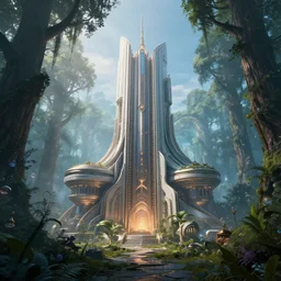 a futuristic building in the middle of a magical fantasy forest, epic composition, intricate details, hyper detailed, 8 k, volumetric light, magical atmosphere