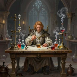 a super detailed airbrush painting of a male alchemist sitting at the table in a dimly lit medieval lab, medieval lab equipment, vibrant vials, vials with smoke coming out, art by artgerm, karol bak and mark brooks, centered, symmetrical, aesthetically pleasing, insane details, digital art, deviantart, artstation, ambient light