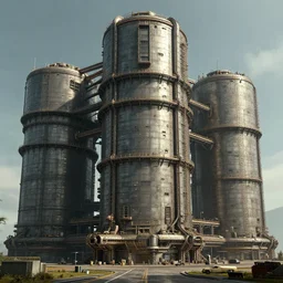 3 d sculpt of a thick cylindrical industrial multi story complex sprawling with walkways military scifi giant warehouse facade gun metal airport inspired by the matrix, star wars, ilm, beeple, star citizen halo, mass effect, starship troopers, elysium, the expanse, high tech industrial, artstation unreal