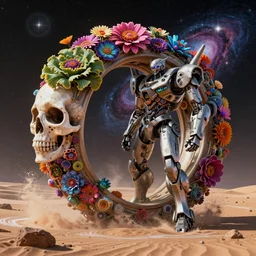 by artgerm and agostino arrivabene, visually stunning, cinematic, ultra realistic, hyper realism, 1 2 k, epic, octane render, unreal engine, vfx, maya, desert waves, skull ring, deep space, cosmos, psychedelic flowers, organic, oni compound artwork, sparkling hornwort, broken android kannon mindar