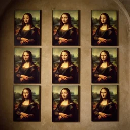 an ancient wine cellar with six mona lisas hanging on the wall, still from a movie