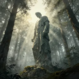editorial illustration by karolis strautniekas and mads berg, towering statue of a man looking down on a forest, fog, fine texture, detailed, muted colors, dramatic lighting, dynamic composition, vivid, matte print, wide angle, ( ( sunbeams ) ), moody