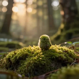 a tiny cute mossy forest creature by bobby chiu, at sunset, macro photography, goro fujita