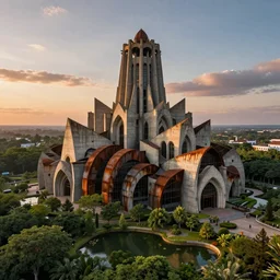 an extremely detailed cathedral of brutalist architecture, surrounded by lush green forest, ponds of water, stunning volumetric lighting, sunset, rusted steel, smooth concrete, stunning skies, trending on Artstation, 8k, photorealistic, hyper detailed, unreal engine 5, IMAX quality, cinematic, epic lighting, in the style of Greg Rutkowski