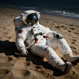 an astronaut lounging in the beach, dramatic lighting, cinematic, extremly high detail, photorealistic, cinematic lighting,