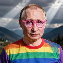 Putin with a rainbow shirt and pink glasses, glitter make-up