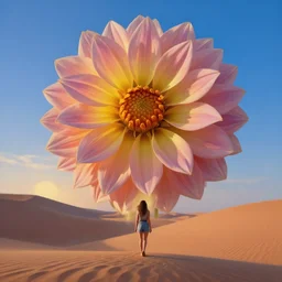 closeup giant dahlia flower under head, girl walking between dunes, surreal photography, sunrise, blue sky, dramatic light, impressionist painting, digital painting, artstation, simon stalenhag