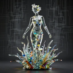 complex 3 d render, ultra detailed, beautiful glass sculpture of woman in style of dale chihuly, cryptographic lines background, trending on artstation