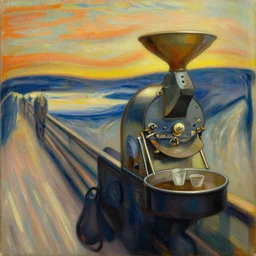 coffee roaster in studio, oil on canvas, detailed, artwork by edvard munch