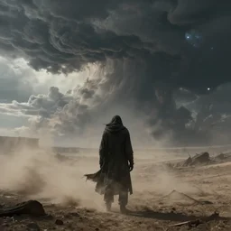 a beautiful award-winning photo of a dark being in a desolated world, serene post-nuclear background, massive thunderclouds on the horizon, dust, wind, cosmic horror, depression, intricate details, volumetric lighting, haze, very high quality, extremely detailed, subtle visual noise, hyperrealistic, 8K