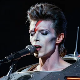david bowie face painted into one side white one side black singing into microphone on top of a spaceship