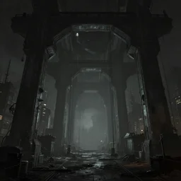portal half life 2 concept art dark depressing city with cables hanging from giant supports