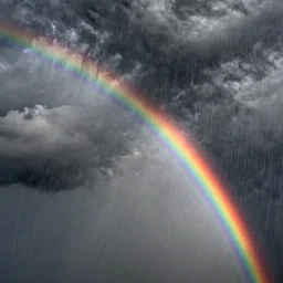 A stormy rainy sky with black puffy clouds and a beautiful twisting rainbow, Huge heavy rain slants across the scene, matte painting