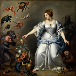 a painting of pandora opening her jar, releasing monsters and critters that impersonate sickness and death, misery, she is fully dressed, in the style of realism and a masterpiece by artemisia gentileschi, artemisia gentileschi, artemisia gentileschi, and egon schiele, critters flying around, the jar is clearly visible