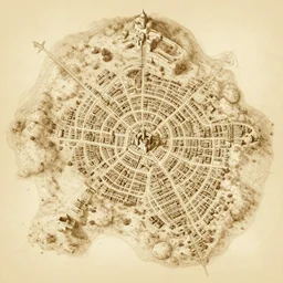 ancient city map of fantasy land with a castle and buildings, sepia