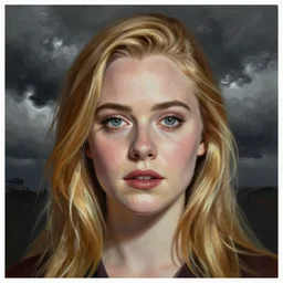 professional painting of Elle Fanning in the style of The Twilight Zone, head and shoulders portrait, symmetrical facial features, smooth, sharp focus, illustration, intricate, stormy weather, extremely detailed masterpiece,