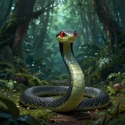 robot snake in the middle of the jungle spying enemy country, red glowing eyes, dense jungle, middle of night, hd, uhd, 8 k, noise, illustration, sharp focus, detailed, sharpen, artstation, elegant, highly detailed, fantasy, futuristic