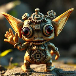 a tiny cute steampunk gremlin monster with cogs screws big eyes smiling waving, back view, isometric 3 d, ultra hd, character design by mark ryden pixar hayao miyazaki, unreal 5, daz, hyperrealistic, octane render, cosplay, rpg portrait, dynamic lighting, intricate detail, summer vibrancy, cinematic, centered