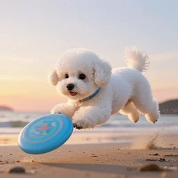 a photorealistic image of a large knitted white bichon puppy diving for a frisbee during sunset at the beach Trending on artstation, featured on Behance, well-rendered, Unreal Engine, 4K HD