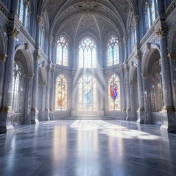 3 d game cg, empry hall of a crystal baroque palace, the sun shines through the stained glass. unreal engine, 4 k, god rays, alphonse mucha, greg rutkowski, james gurney, johannes voss, unreal engine, hyperdetailed, 4 k
