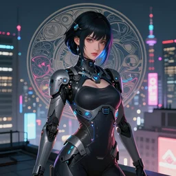 portrait futuristic Cyber Ninja Girl, in future cyberpunk tokyo rooftop, ssci-fi, fantasy, intricate, very very beautiful, elegant, neon light, highly detailed, digital painting, artstation, concept art, smooth, sharp focus, illustration, art by alphonse mucha and tian zi and WLOP