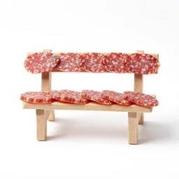 a small bench made from salami, studio photography, white background, 5 0 mm