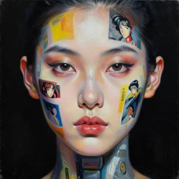 photorealism oil painting, close - up portrait of cyborg fashion model with high detailed skin made of random generative art paintings, black background mixed with generative art from artblock, in style of classicism mixed with 8 0 s japanese sci - fi books art