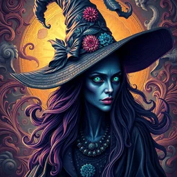 psychadelic witch with a witch hat, hyper detailed, flowing psychadelic background intricate and detailed, digital art, baroque style, 8 k, octane render