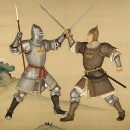 two medieval knight fighting in chines painting style