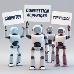 robots protesting about copyrights with signs, digital art, octane render, artstation, art by seb mckinnon, john avon, sui ishida