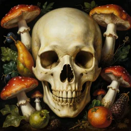 a close - up portrait of a tropical alien skull surrounded colorful fruit and mushrooms. surrealism. black background. highly detailed science - fiction fantasy painting by norman rockwell, moebius, frank frazetta, syd mead, and stanislaw fernandes. rich colors, high contrast. renaissance masterpiece. artstation