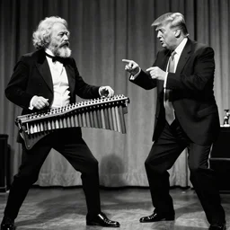 karl marx fighting donald trump on marimbas. black and white high contrast