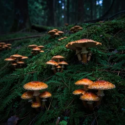 a photography of a dark green forest full of orange mushrooms