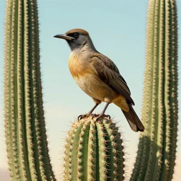 A Dodo bird crouching perched atop a Saguaro cactus in the desert, framed, digital art, trending on Artstation, high detail, sharp focus, illustration, art by artgerm and greg rutkowski and alphonse mucha.
