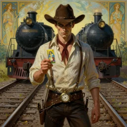 a dramatic ethereal epic symmetrical painting of a handsome villainous cowboy standing in front of railroad tracks with a train locomotive | his shirt is unbuttoned and he has a pocketwatch | tarot card, art deco, art nouveau, (steampunk), homoerotic, realistic | by Mark Maggiori and ((((Alphonse Mucha))) | trending on artstation