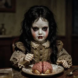 film still closeup portrait of a malignant creepy angry scary antique filthy victorian porcelain doll with black eyes wearing a dirty dress, very long black hair, sitting at a table eating a plate of brains, dimly lit filthy room in an abandoned old asylum at night, 8k octane render, dramatic lighting, volumetric lighting, the ring movie, Guillermo del Toro, Craig Mullins, Duane Hanson , Richard Estes, Arney Fretag, vintage photo, 1890