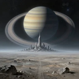 a gorgeous bleak and desolate sci - fi painting by john harris. beyond the horizon, future city, huge saturn ring!! the low earth orbit space war. ultra clear detailed. 3 d, octane render. 8 k